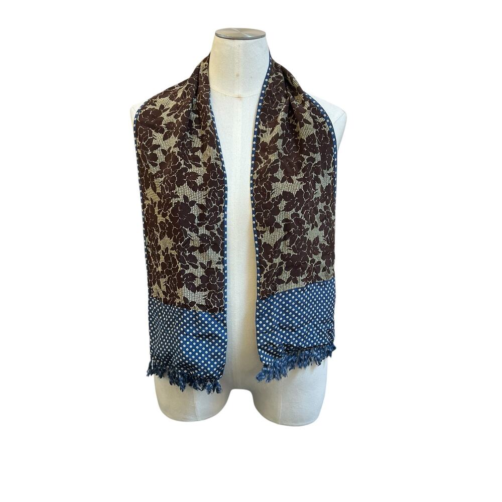Epice Copenhagen Paris Scarf Blue Brown Floral Polka Dot Fringe Lightweight EUC